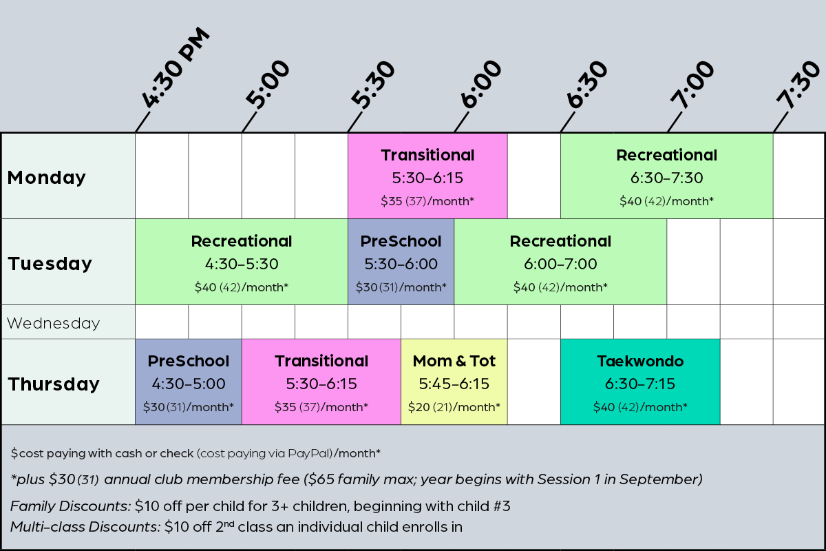 2025 Session I and 2026 Session II gymnastics and TKD schedule